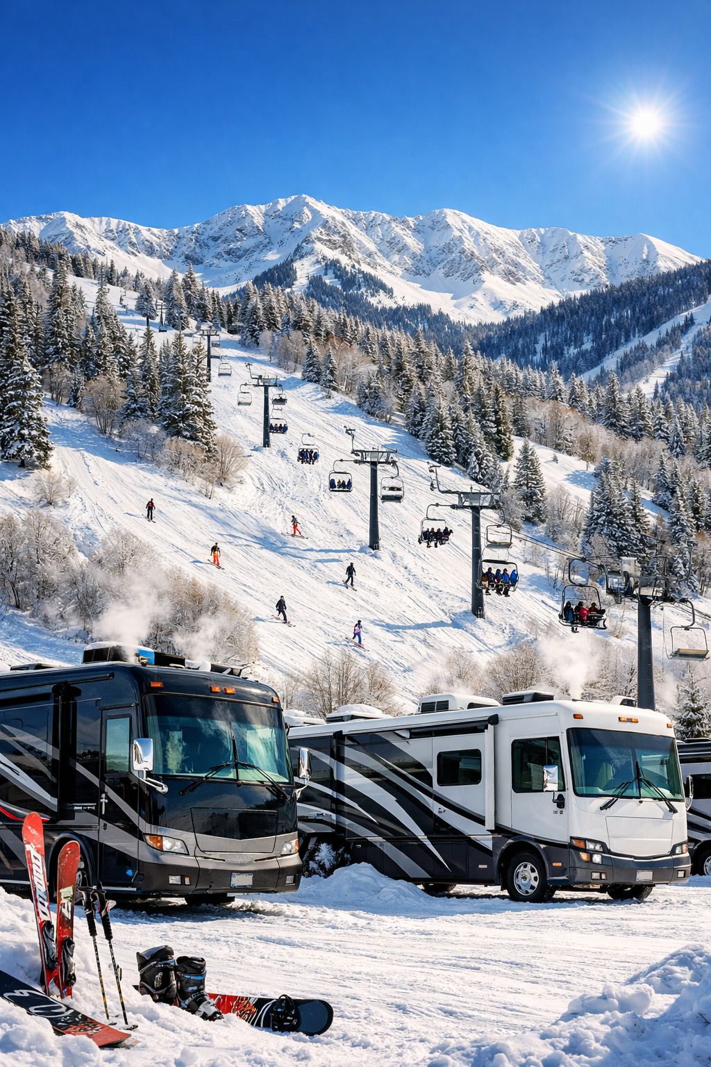 Portrait Pinterest format 1024x1536 editorial winter sports scene at Park City Utah ski resort showing modern RV campground in foreground wi