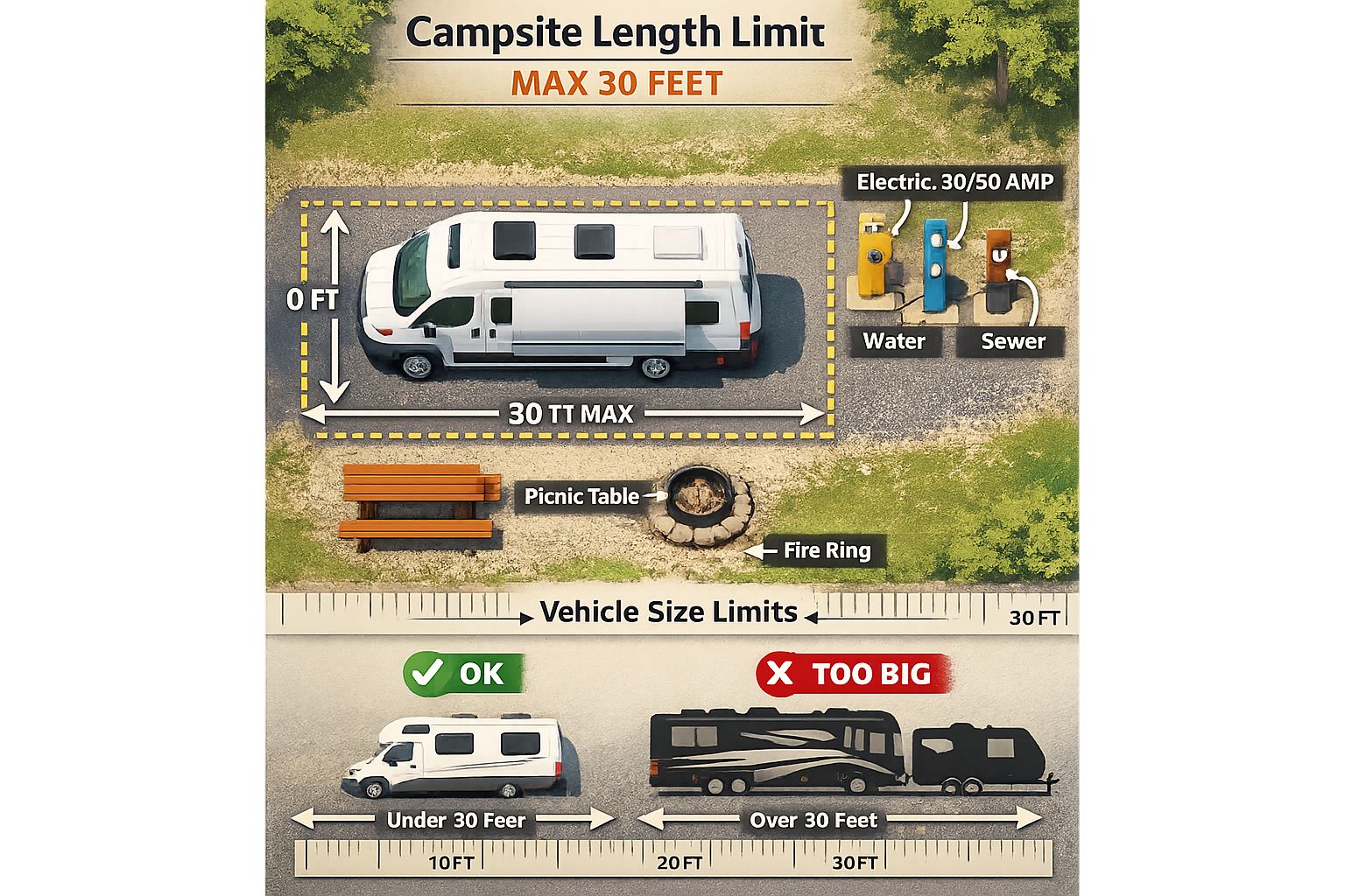 Portrait/Pinterest format (1024x1536) visual guide showing RV park campsite from above with measurement overlay indicating 30-foot maximum l