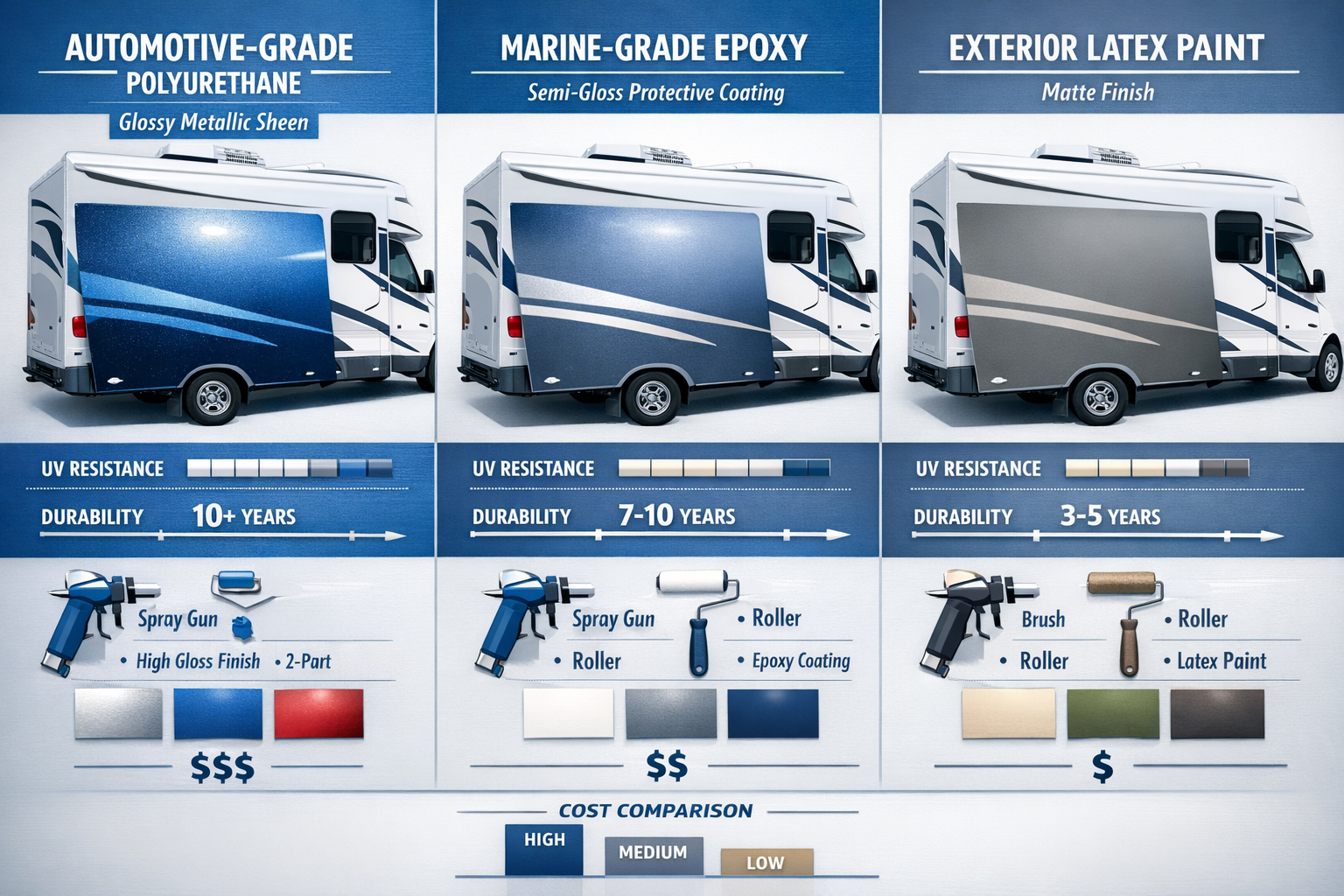 Portrait/Pinterest format (1024x1536) professional comparison infographic showing three types of RV paint finishes side by side: automotive-