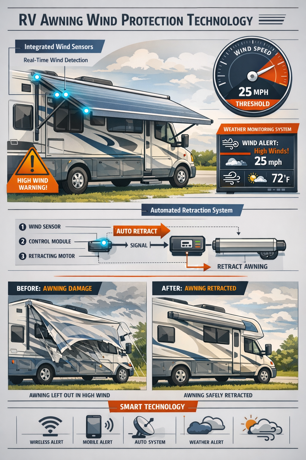 Portrait/Pinterest format (1024x1536) detailed illustration of RV awning wind protection technology showing modern motorhome with extended a