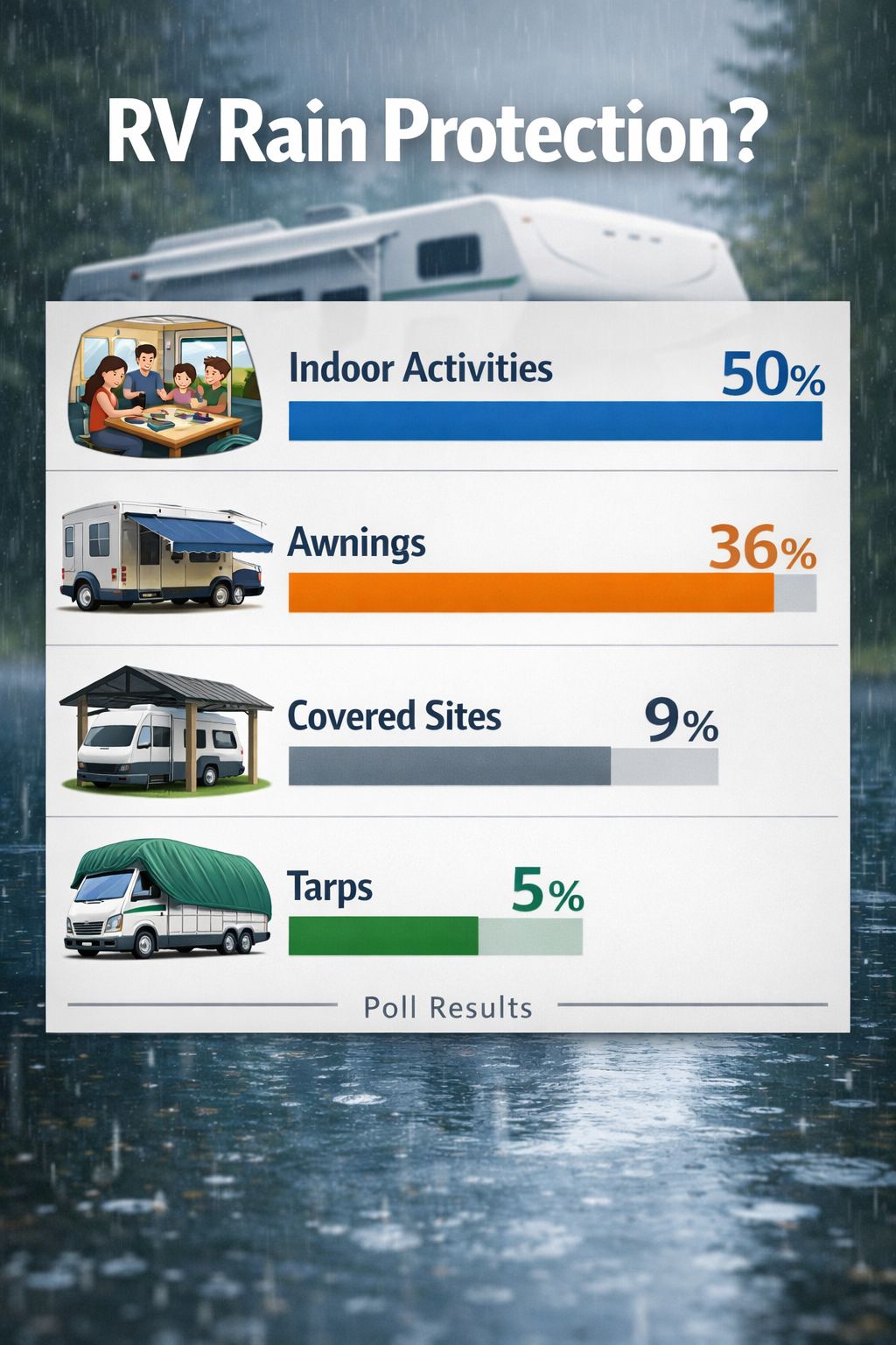 Portrait/Pinterest format (1024x1536) visual poll results display showing four RV rain protection methods with percentage bars: Indoor Activ