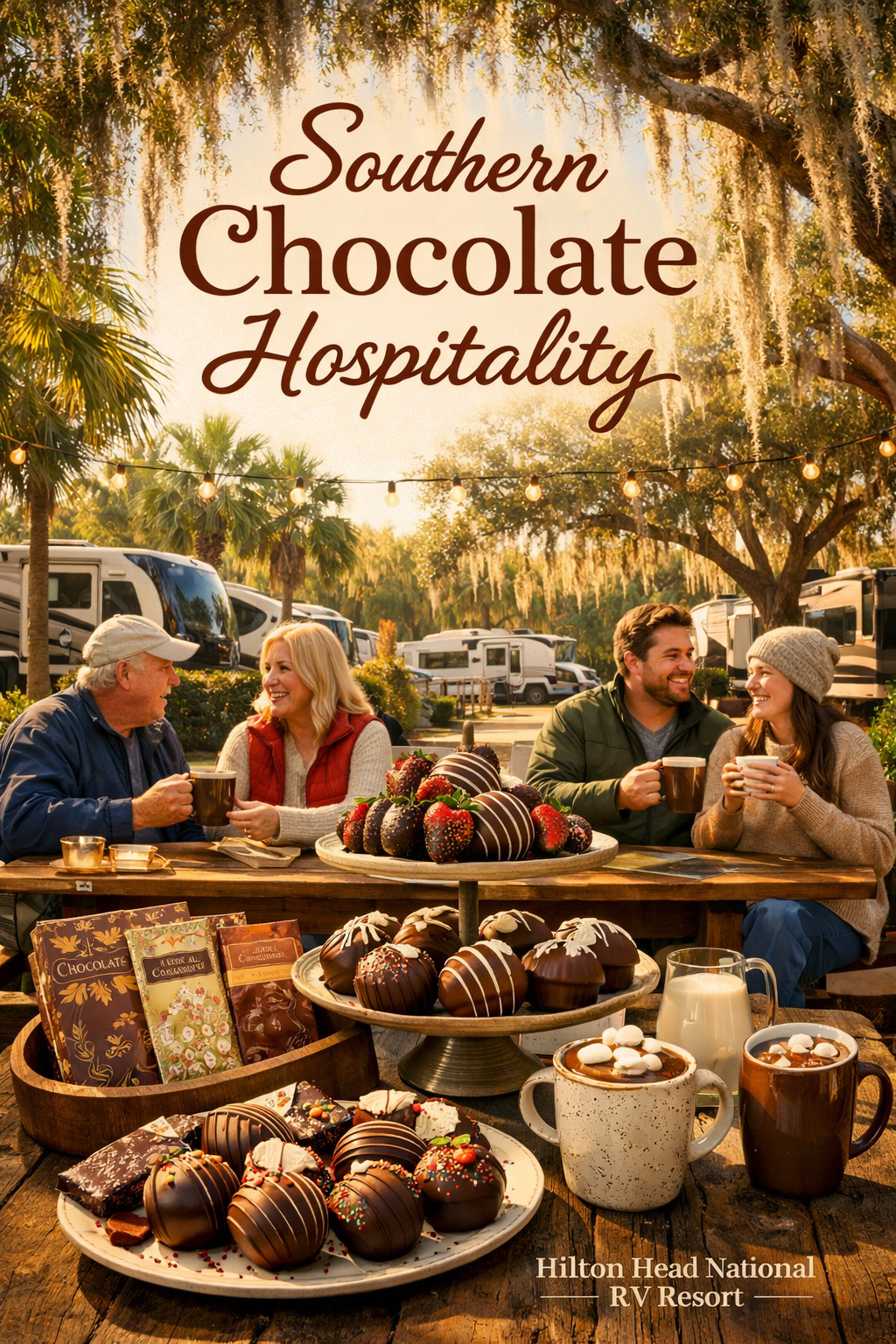 Portrait/Pinterest format (1024x1536) image depicting Hilton Head National RV Resort scene with palm trees and coastal atmosphere. Central f