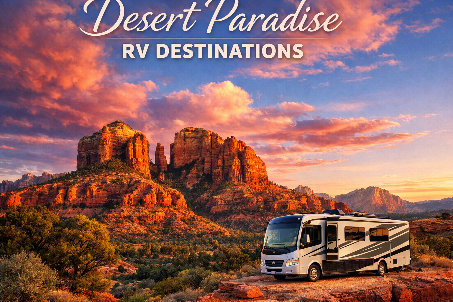 Portrait/Pinterest format (1024x1536) stunning composition of Sedona, Arizona red rock formations at sunset with towering sandstone buttes, 