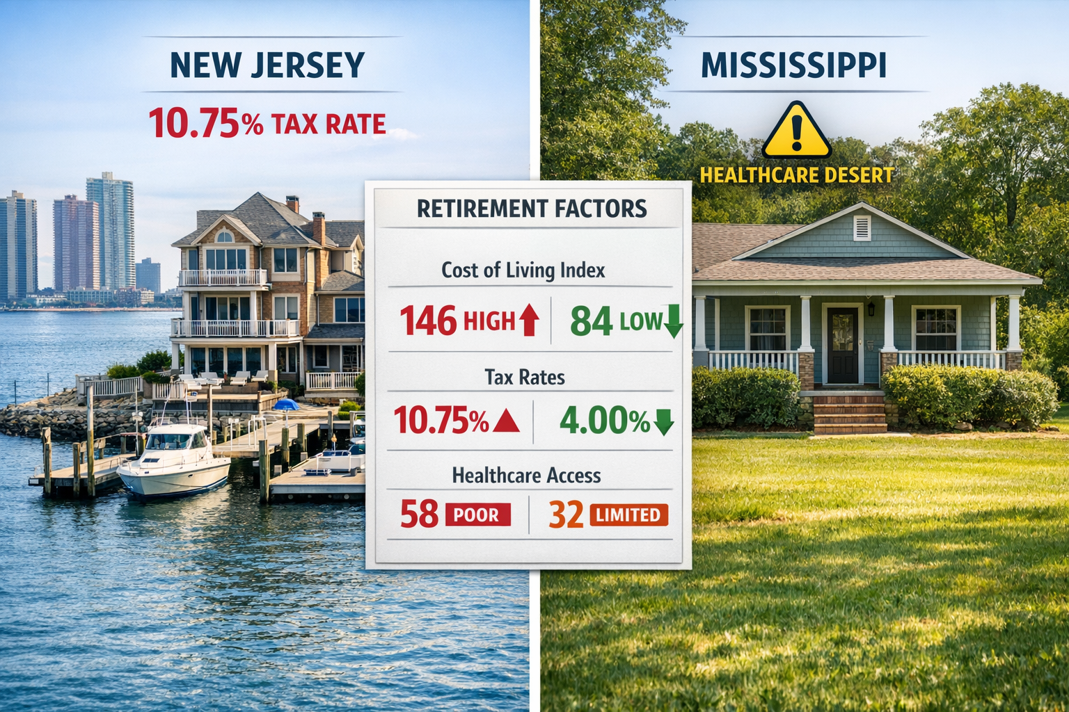 Portrait/Pinterest format (1024x1536) comparison table visualization showing New Jersey versus Mississippi retirement factors. Split screen 