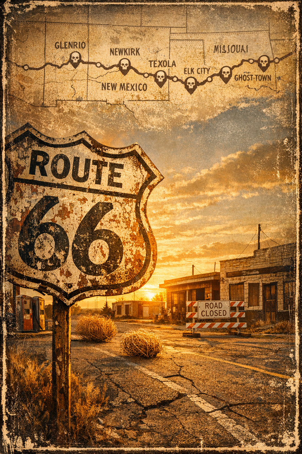Portrait/Pinterest format (1024x1536) editorial composition featuring iconic Route 66 shield sign weathered and faded in foreground, with ba