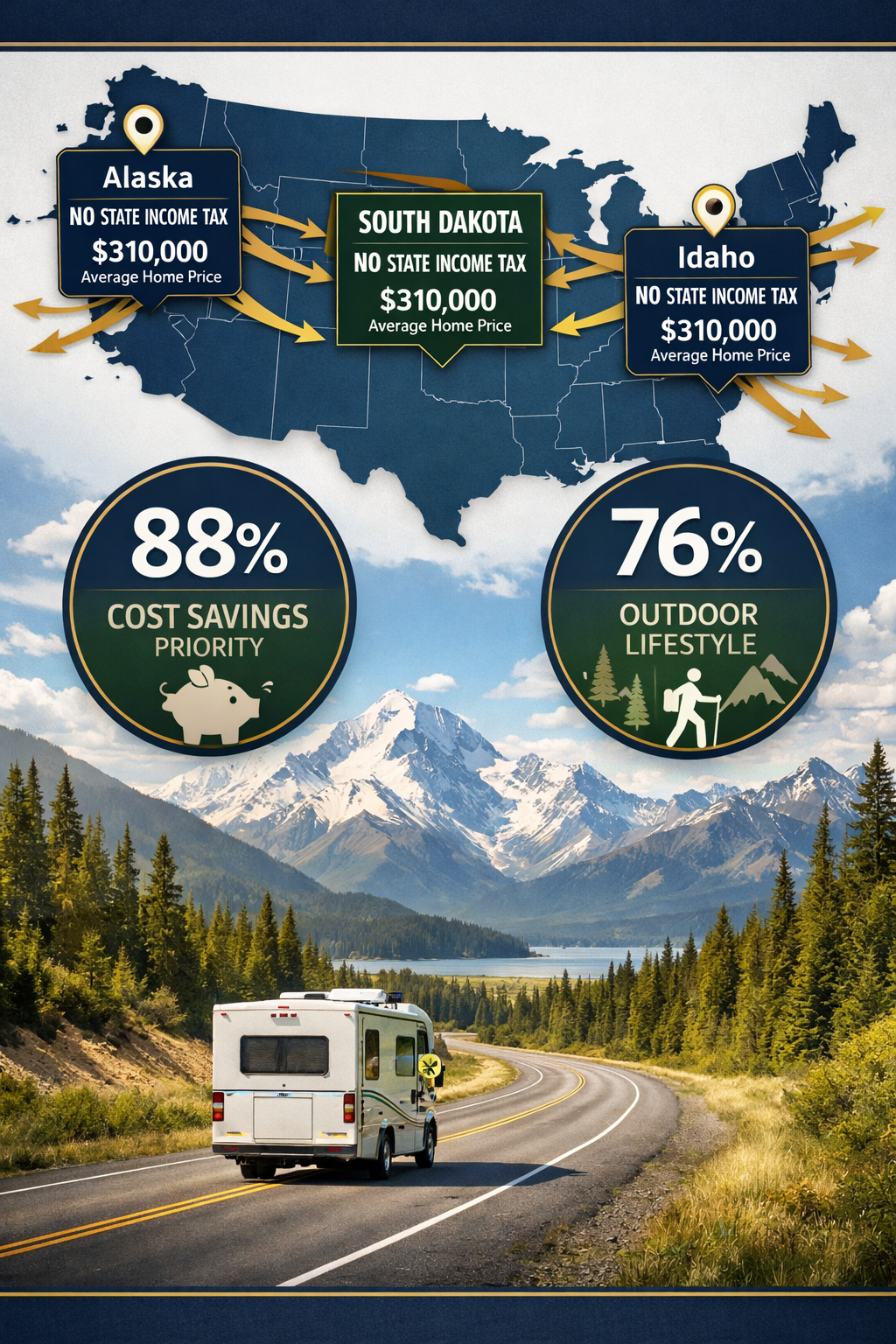 Detailed portrait/Pinterest format (1024x1536) image showcasing map of United States with highlighted migration patterns, arrows flowing fro