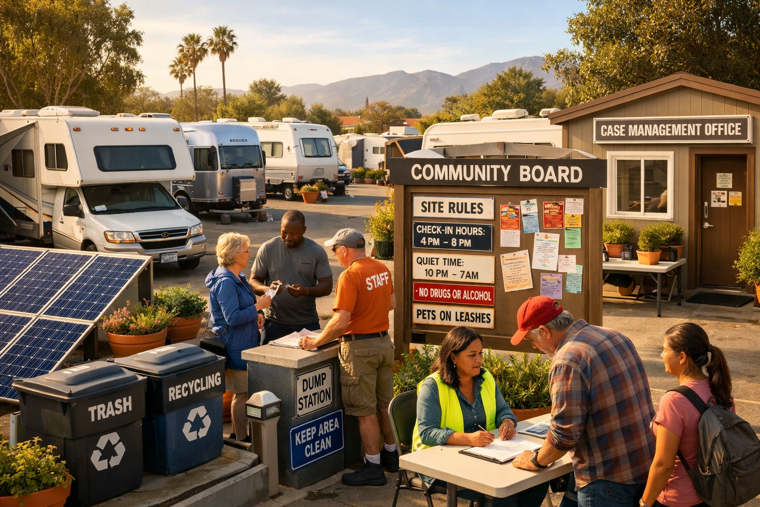 Portrait format (1024x1536) California RV community lifestyle image showing designated safe parking lot with multiple RVs, solar panels, pro