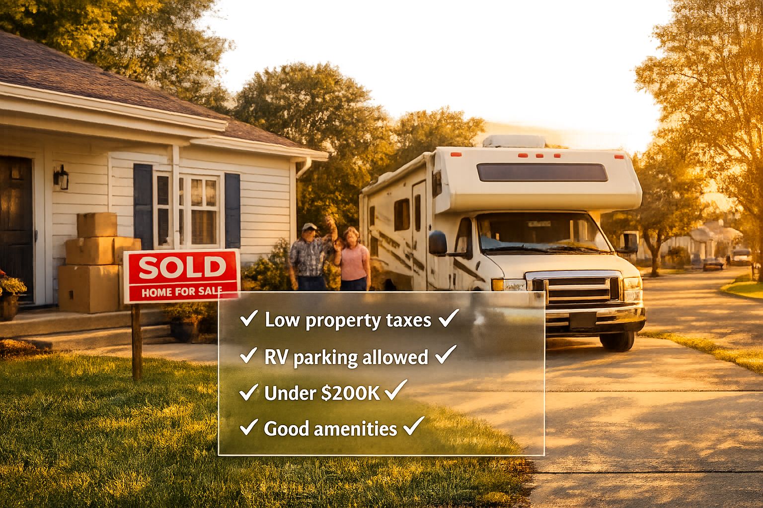 Portrait/Pinterest format (1024x1536) lifestyle image showing RV parked in driveway of affordable starter home in small American town, with