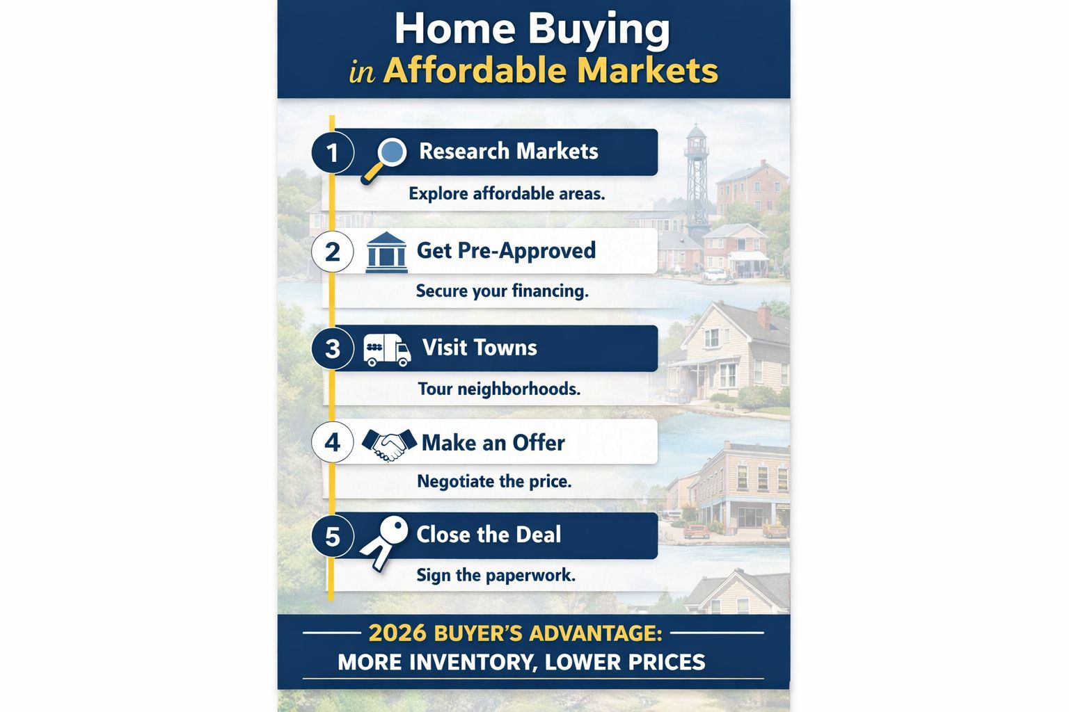 Portrait/Pinterest format (1024x1536) infographic-style image showing vertical timeline or roadmap for home buying in affordable markets. Fe
