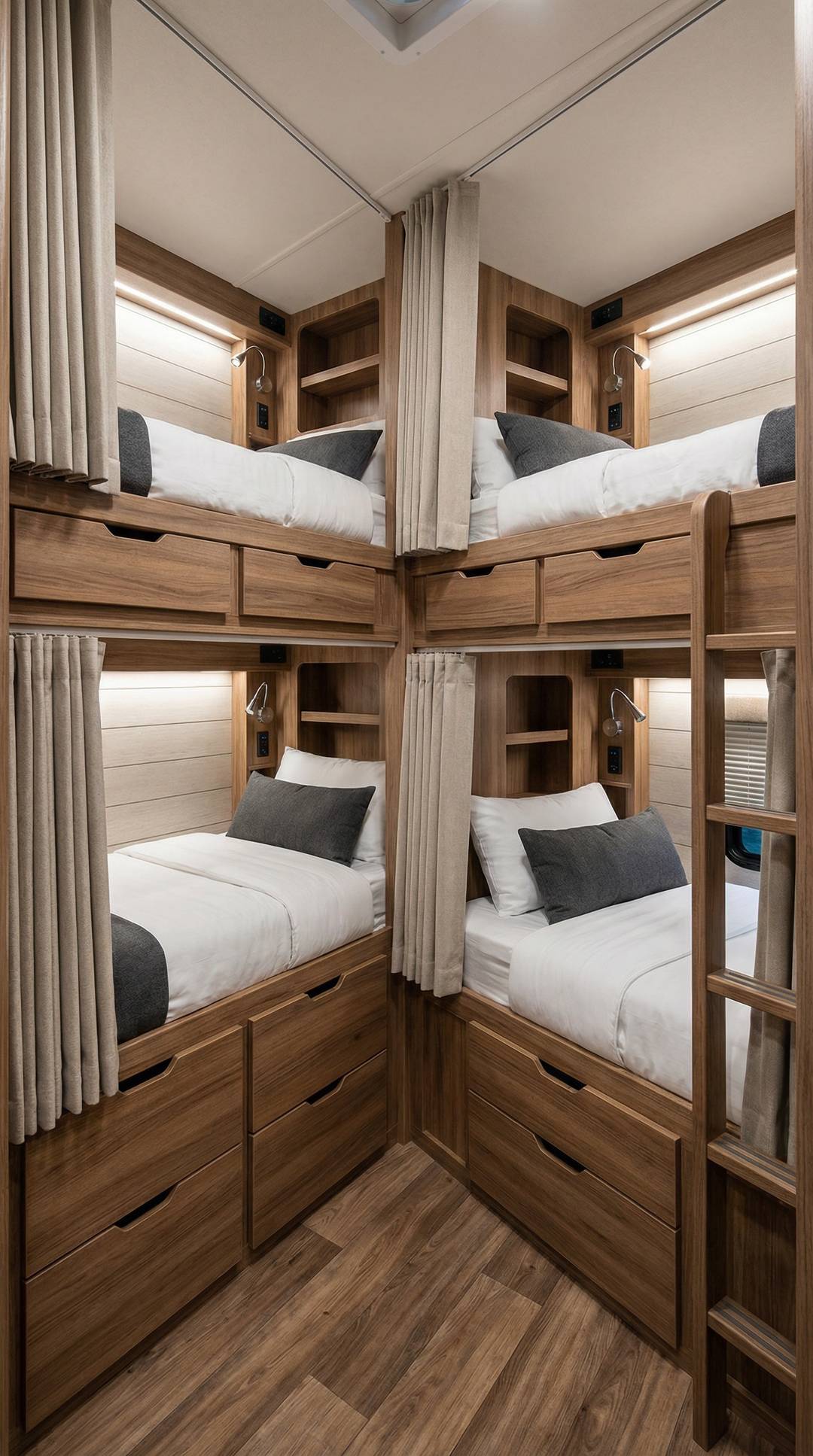 RV bunkroom with built-in storage drawers