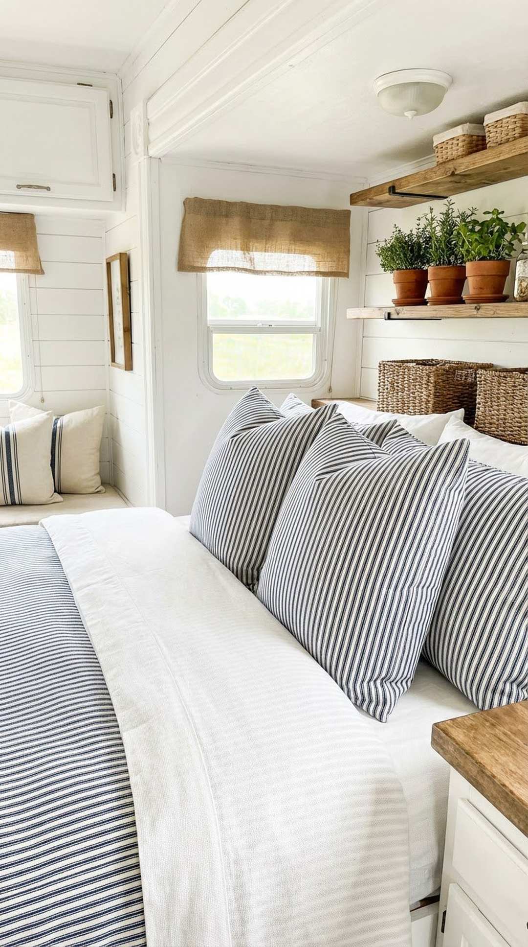 Ticking stripe fabric in navy blue and white on RV bedding