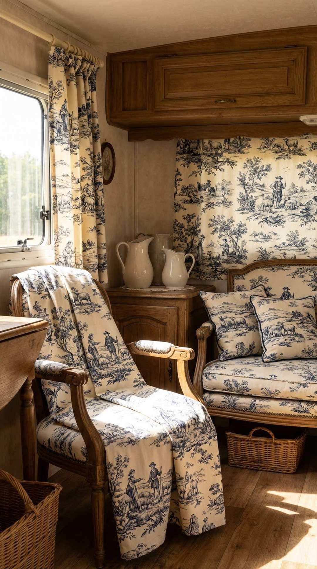 Toile de Jouy fabric pattern in French country RV interior
