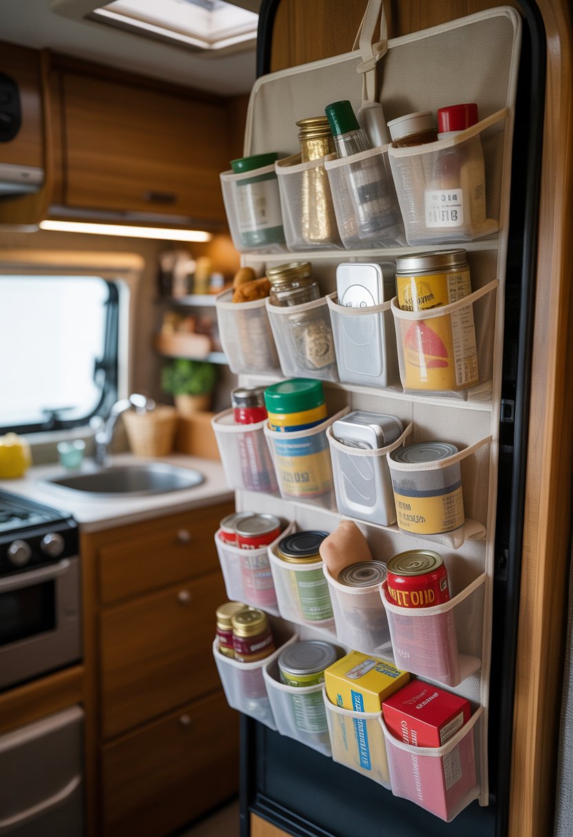 A hanging shoe organizer used to store pantry items inside a small camper kitchen.