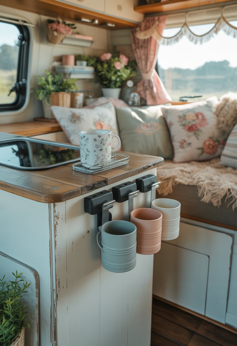 Interior of a small camper showing clip-on cup holders attached to a wooden table holding mugs, surrounded by cozy and organized decor.
