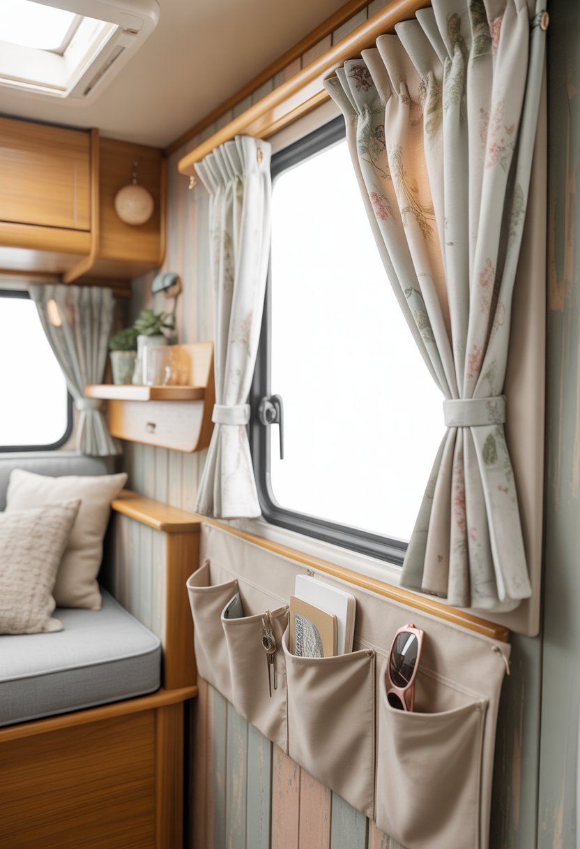 Interior of a small camper showing a window with light-colored curtains featuring hidden storage pockets holding small items.