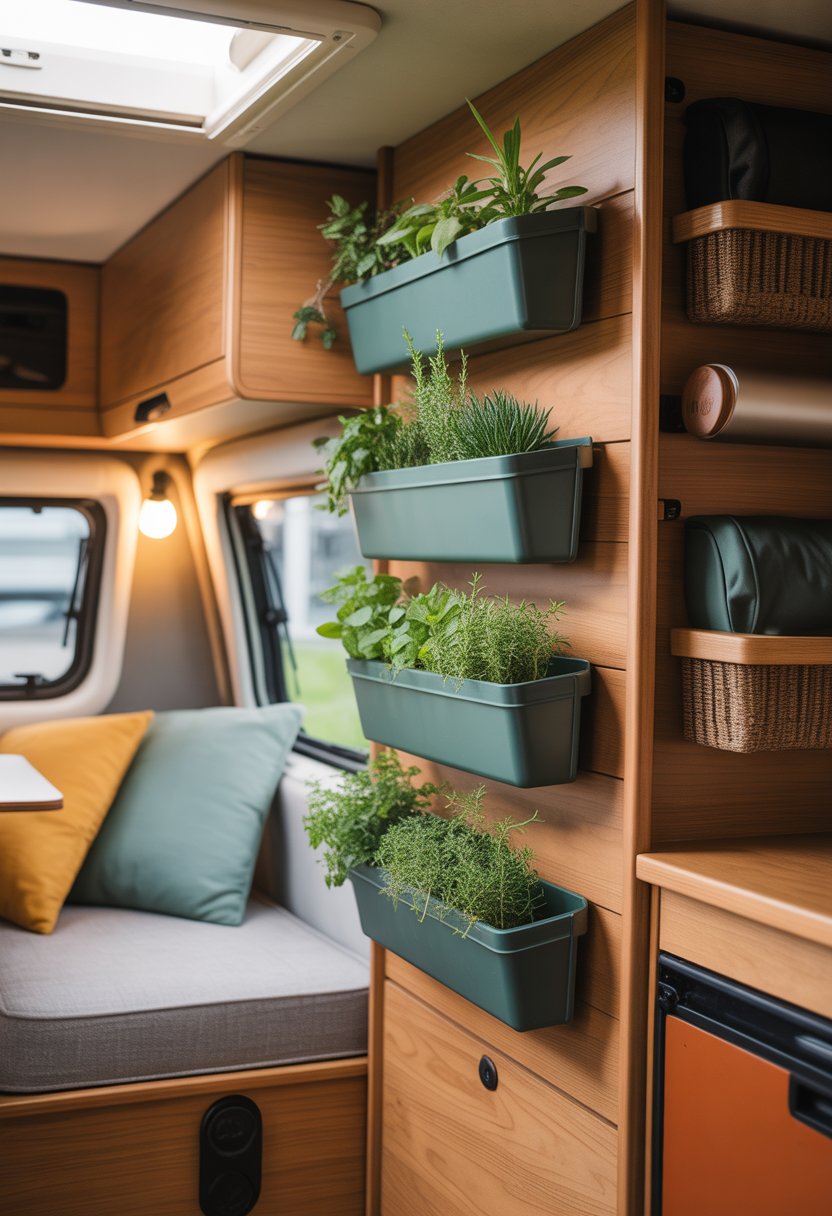Interior of a small camper with vertical wall-mounted planters holding green plants, cozy seating, and organized storage shelves.