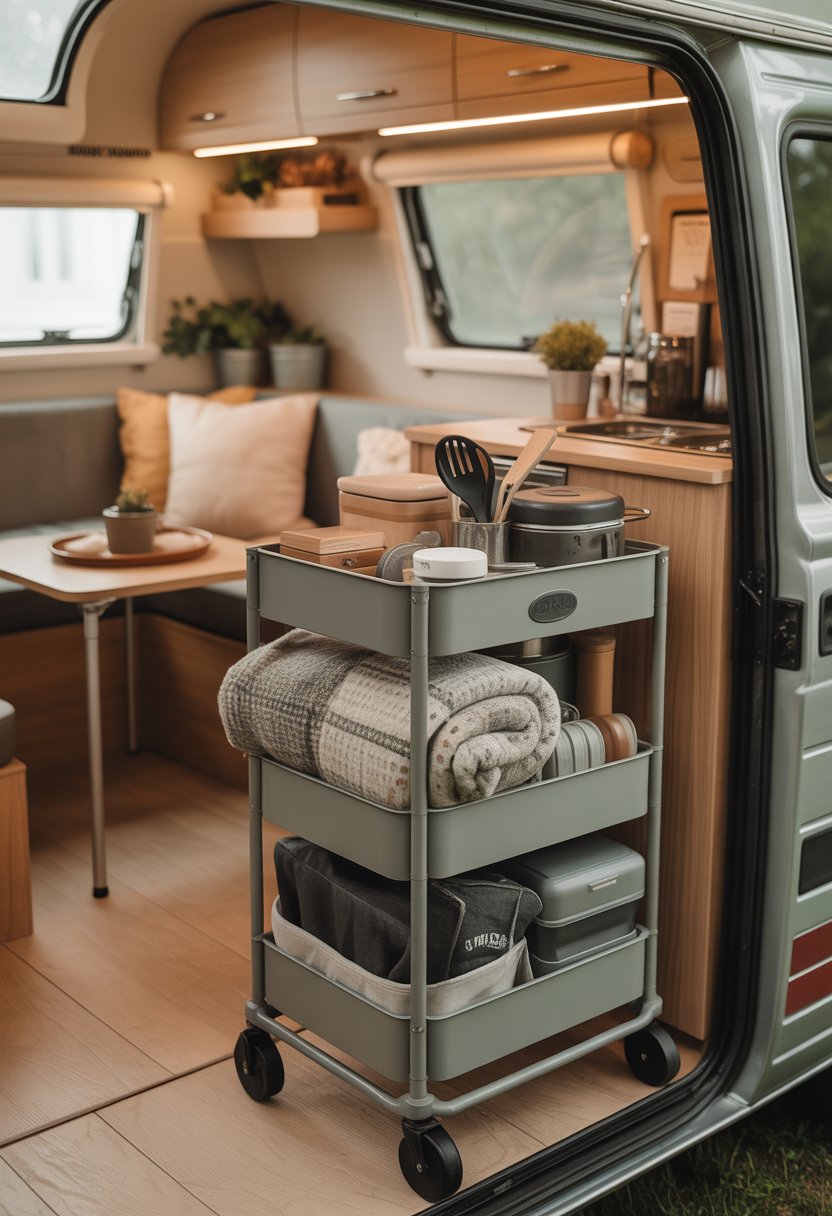 A rolling storage cart with lockable wheels inside a small camper, holding camping supplies and blankets.