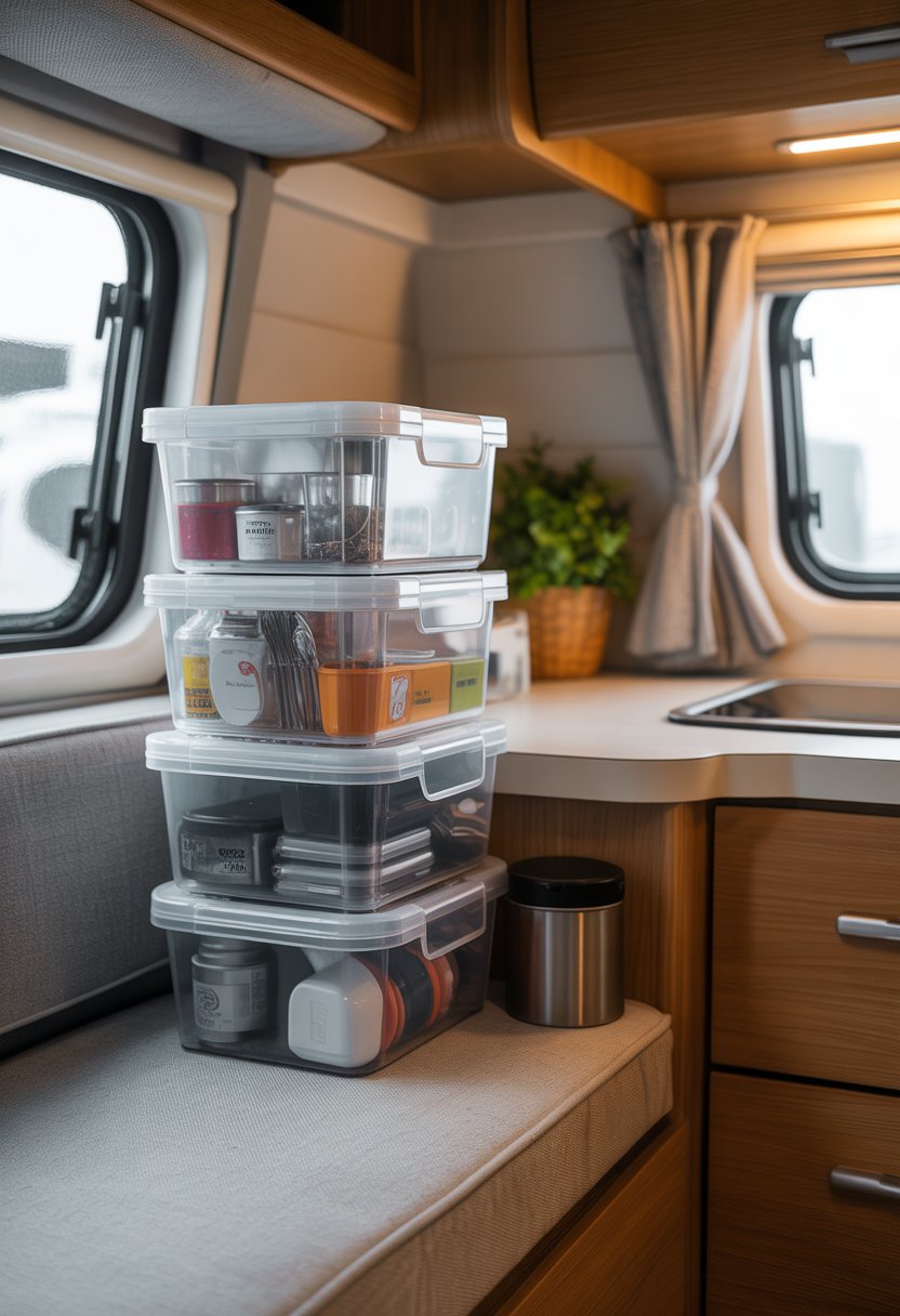 Stackable clear plastic containers neatly organized inside a small camper with camping supplies.