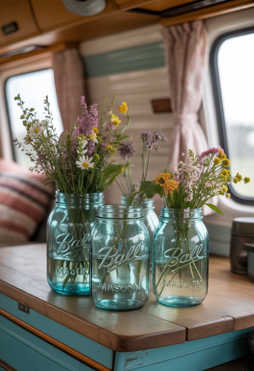 A collection of mason jars filled with wildflowers arranged on a wooden surface inside a camper.