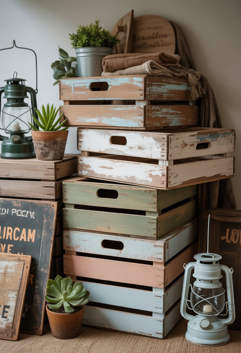 A collection of weathered wooden crates with peeling paint arranged with vintage camper decor items like lanterns and potted plants on a neutral background.