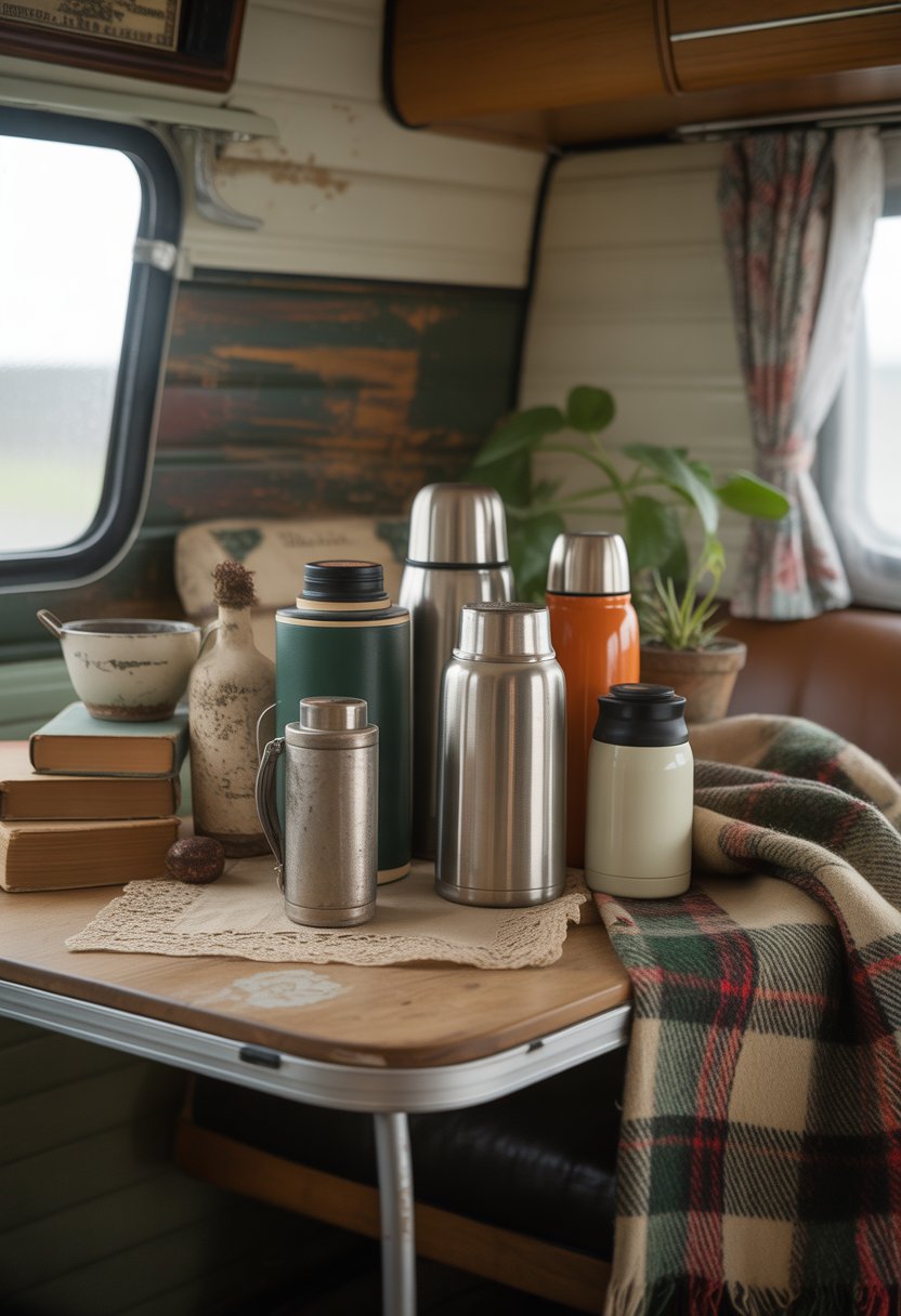 A collection of vintage thermos flasks displayed on a wooden table inside a camper, surrounded by cozy decor items and natural light.