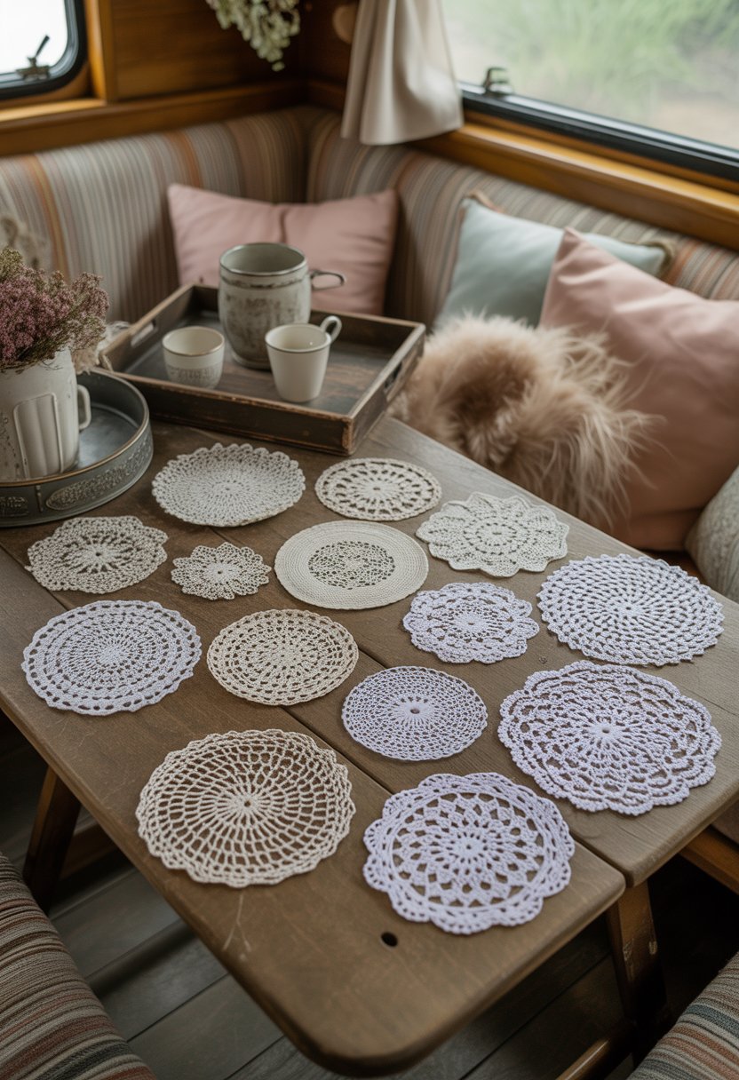 A collection of vintage crocheted lace doilies arranged on a wooden table inside a camper, surrounded by decorative items and soft natural light.