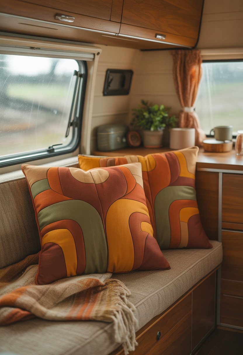 Interior of a camper van with patterned cushions on a wooden bench and natural light coming through the window.