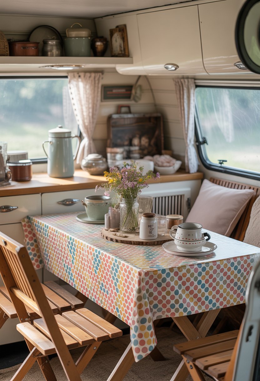 A wooden table inside a camper covered with a pastel polka dot tablecloth, surrounded by chairs and decorated with dishes, flowers, and camping items.