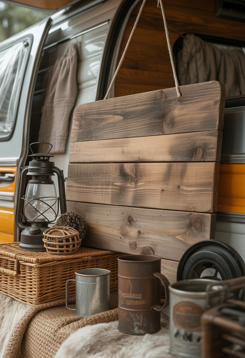 A rustic wooden sign surrounded by vintage camping items inside a cozy camper.