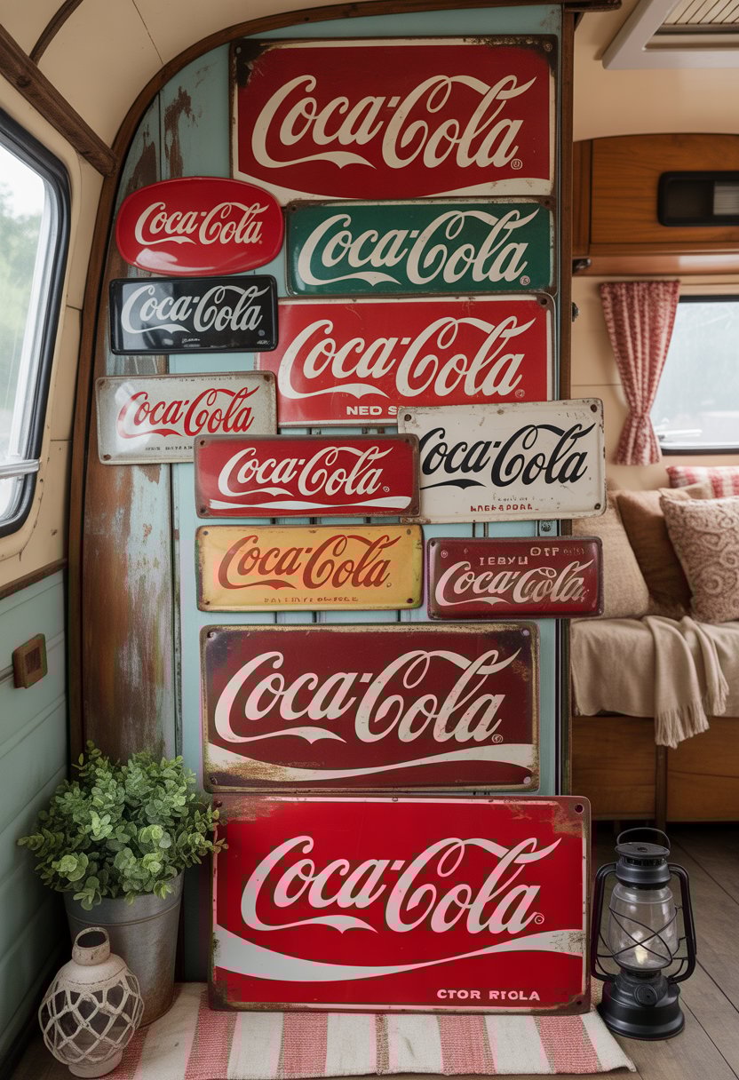 A collection of vintage Coca-Cola metal signs displayed inside a camper with wooden walls and decorative plants.