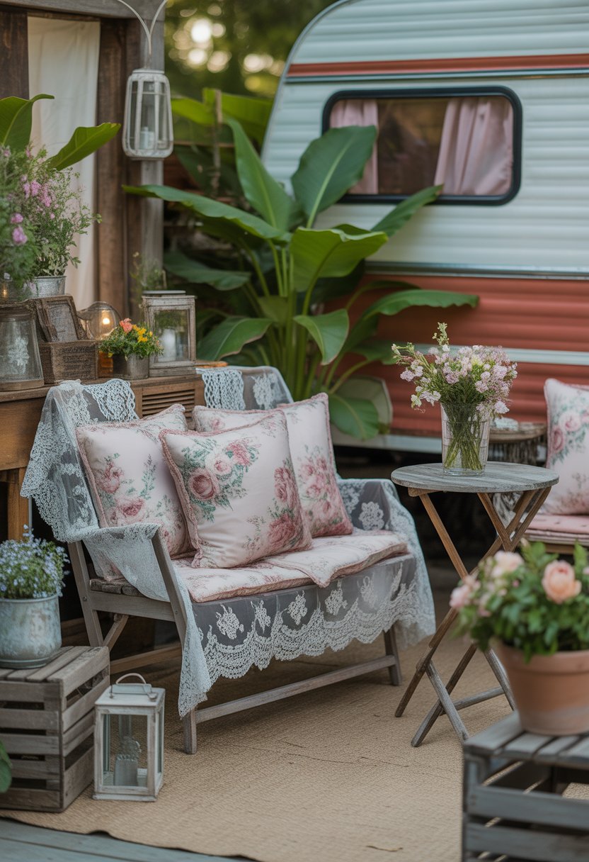 Outdoor patio with wooden chairs and bench adorned with floral lace cushions surrounded by plants and flowers next to a camper.