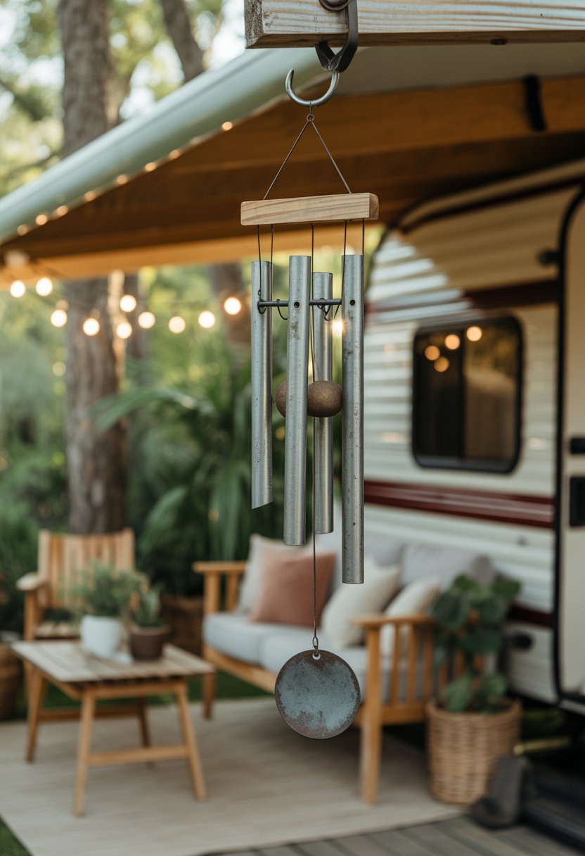 Rustic metal wind chimes hanging on a camper's outdoor patio surrounded by plants and wooden furniture.