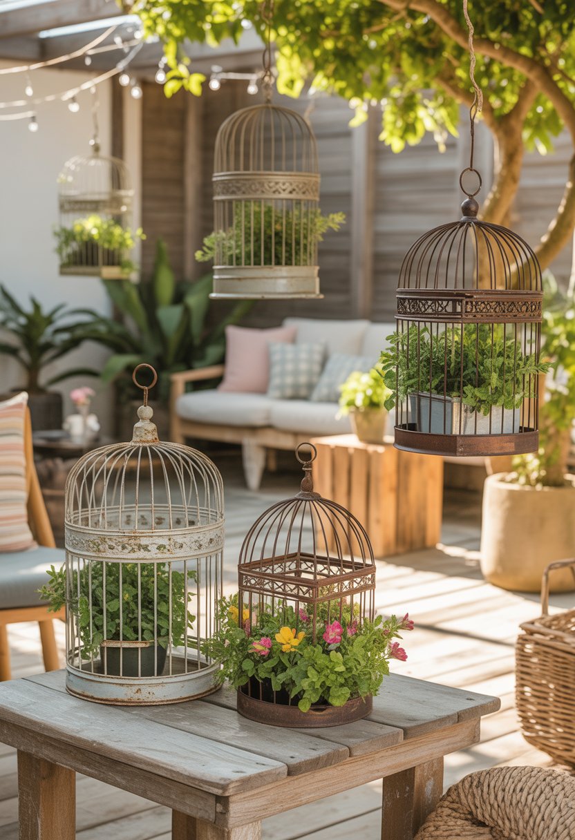 Outdoor patio with antique birdcage planters filled with plants and flowers, surrounded by wooden furniture and greenery.