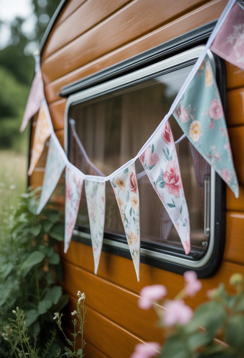 Close-up of floral fabric triangle flags hanging outdoors near a vintage camper with greenery and wildflowers around.