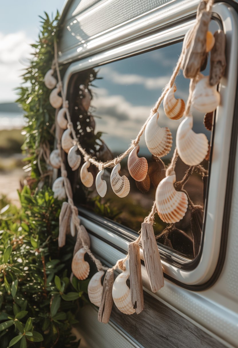 A bunting made of seashells and driftwood hanging outdoors on a wooden surface with greenery in the background.