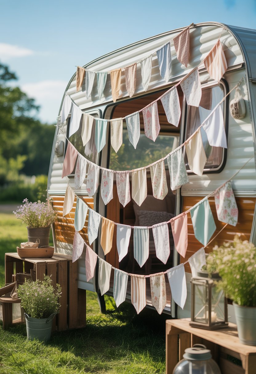 An outdoor scene showing a camper decorated with handmade fabric bunting flags in soft pastel colors, surrounded by rustic decor and greenery.