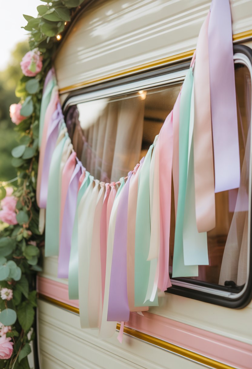Pastel-colored ribbon streamers garland draped on a rustic camper with greenery in the background.