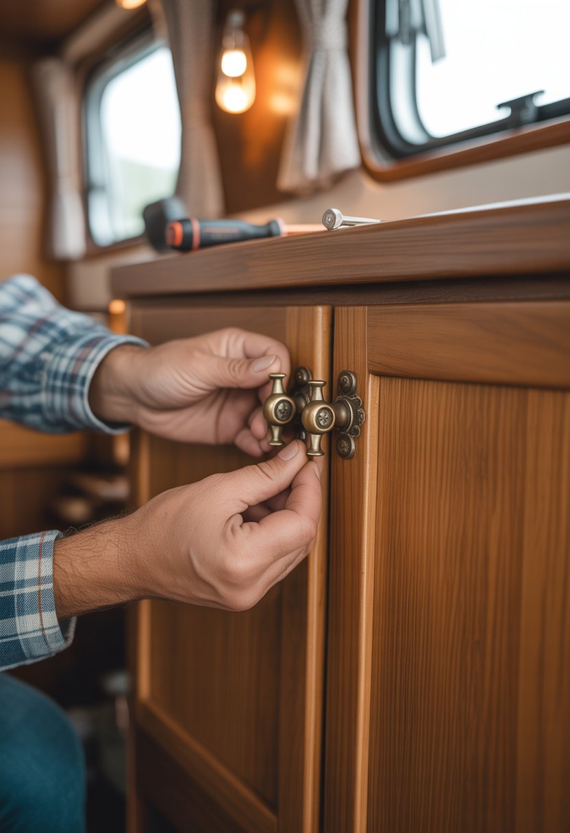 Close-up of hands installing brass cabinet handles on a wooden camper cabinet door with tools nearby.