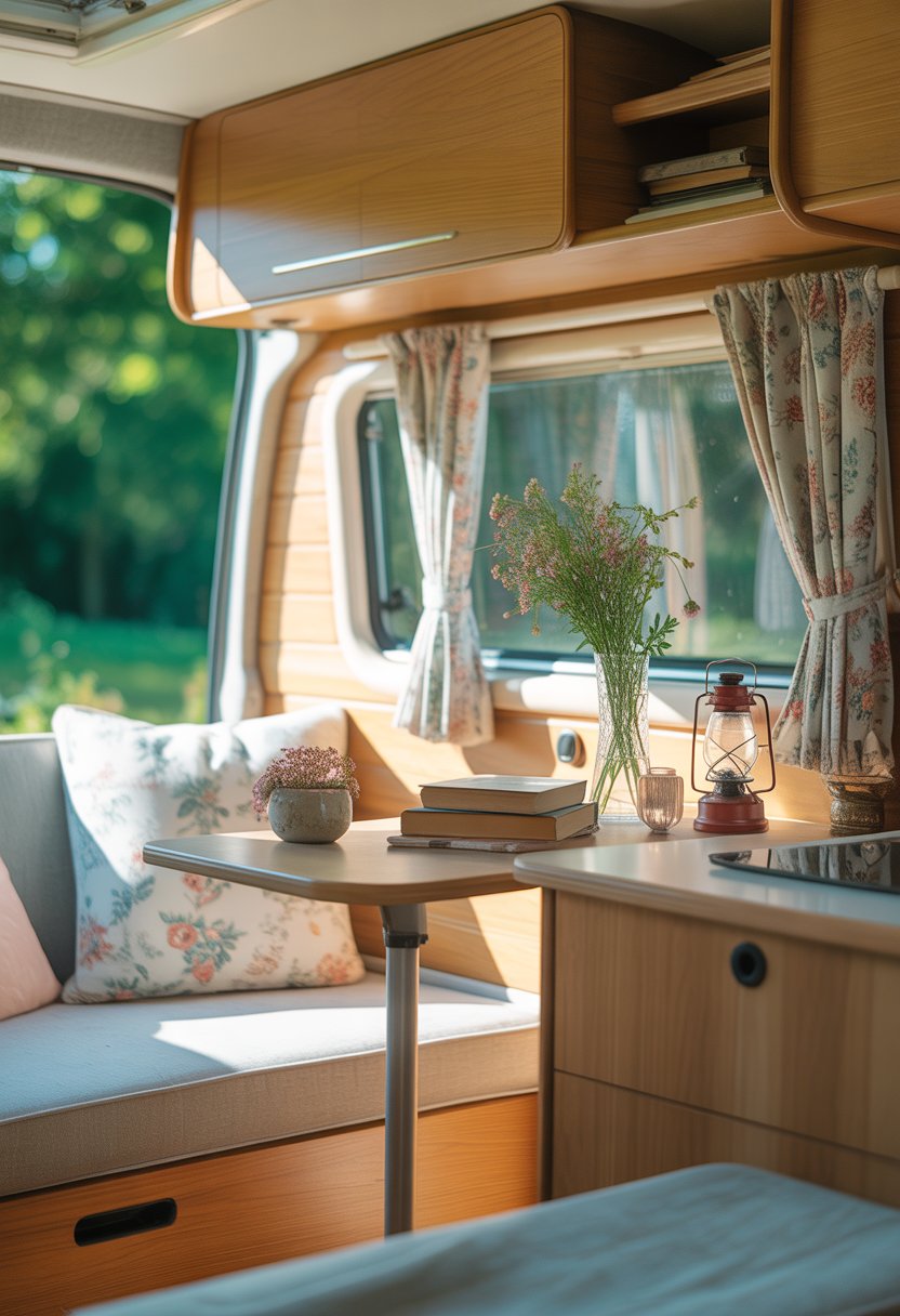 Interior of a camper van with floral curtains, a wooden table with flowers and books, and cushions on a bench seat near a window showing greenery outside.