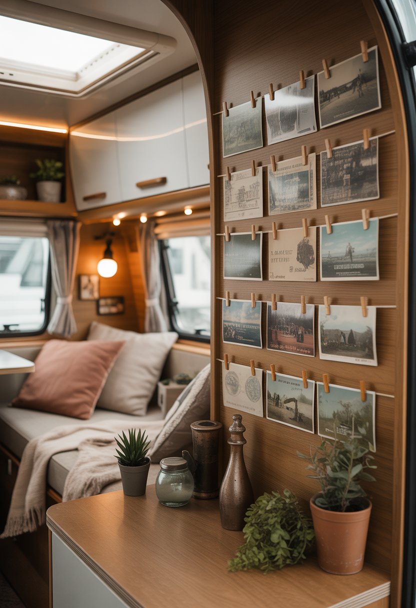 Interior of a modern camper with antique postcards displayed on a wooden wall surrounded by cozy decor and plants.
