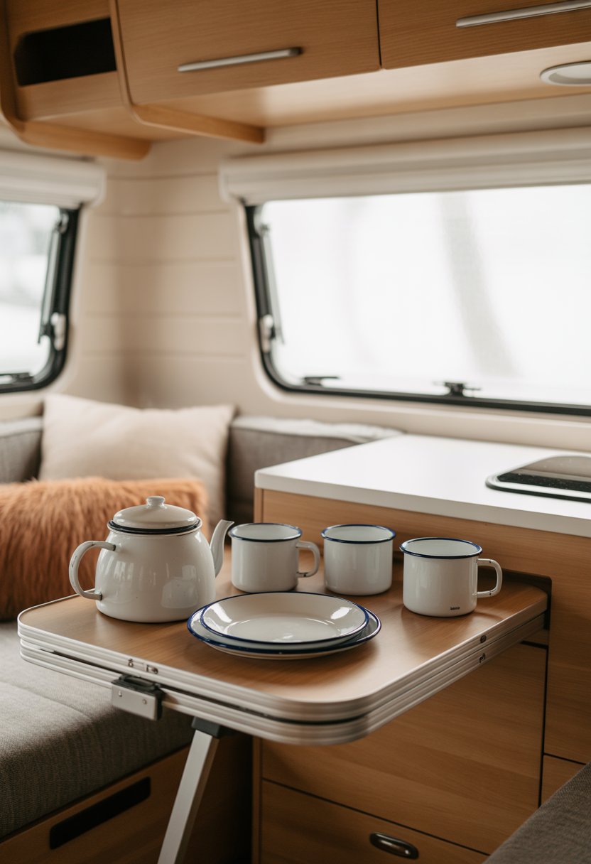 Classic enamelware set with teapot, mugs, and plates arranged on a wooden table inside a modern camper.