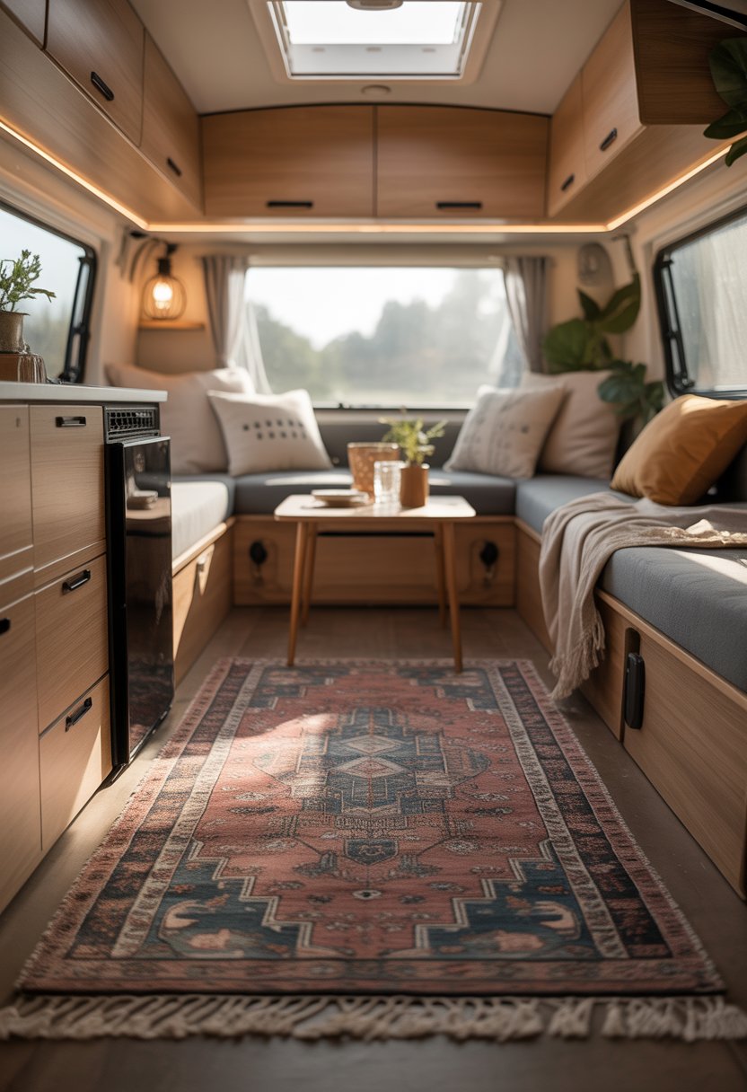 Interior of a modern camper with a patterned area rug on the floor, seating with cushions, a small table, and natural light coming through the windows.