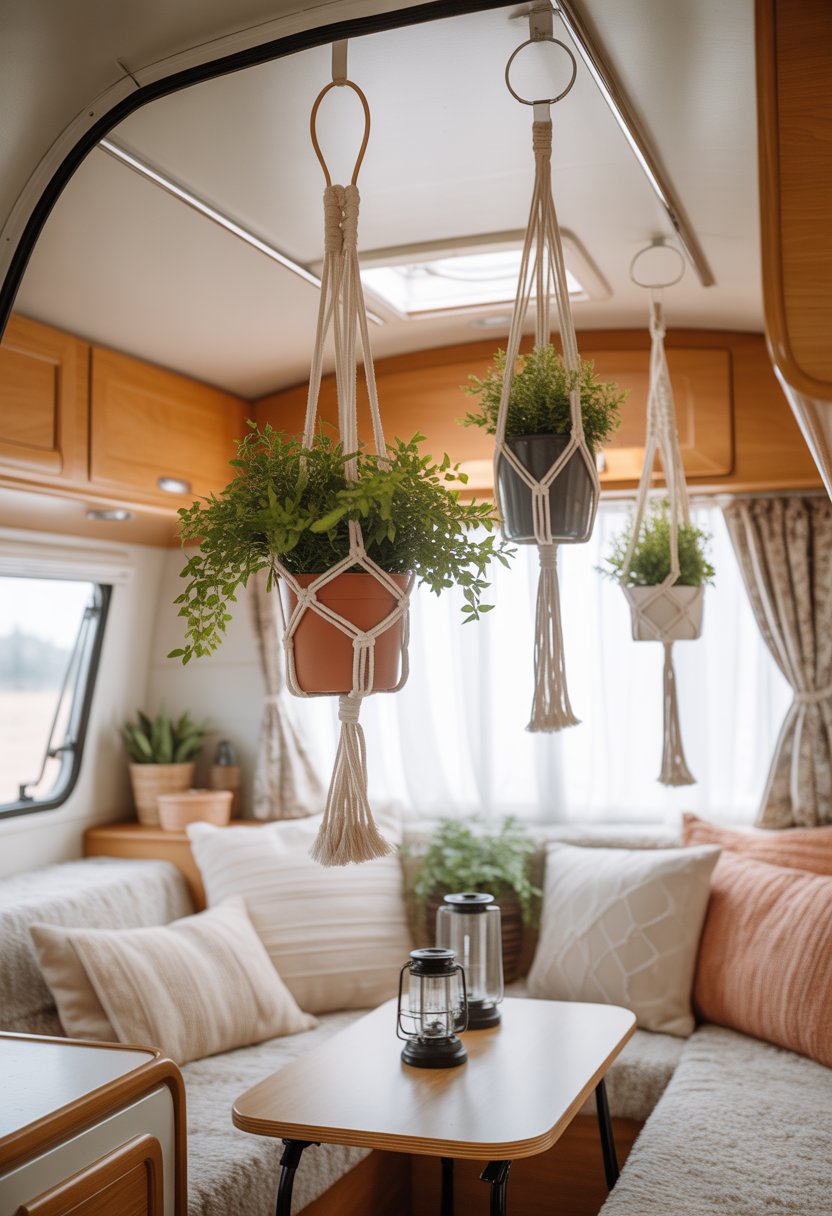 Interior of a camper with hanging macrame plant holders containing green plants and cozy furnishings.