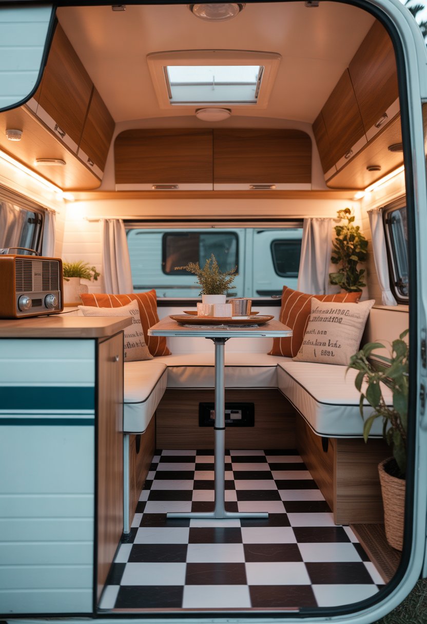 Interior of a camper with a black and white checkerboard floor, a small dining area, wooden accents, and plants.