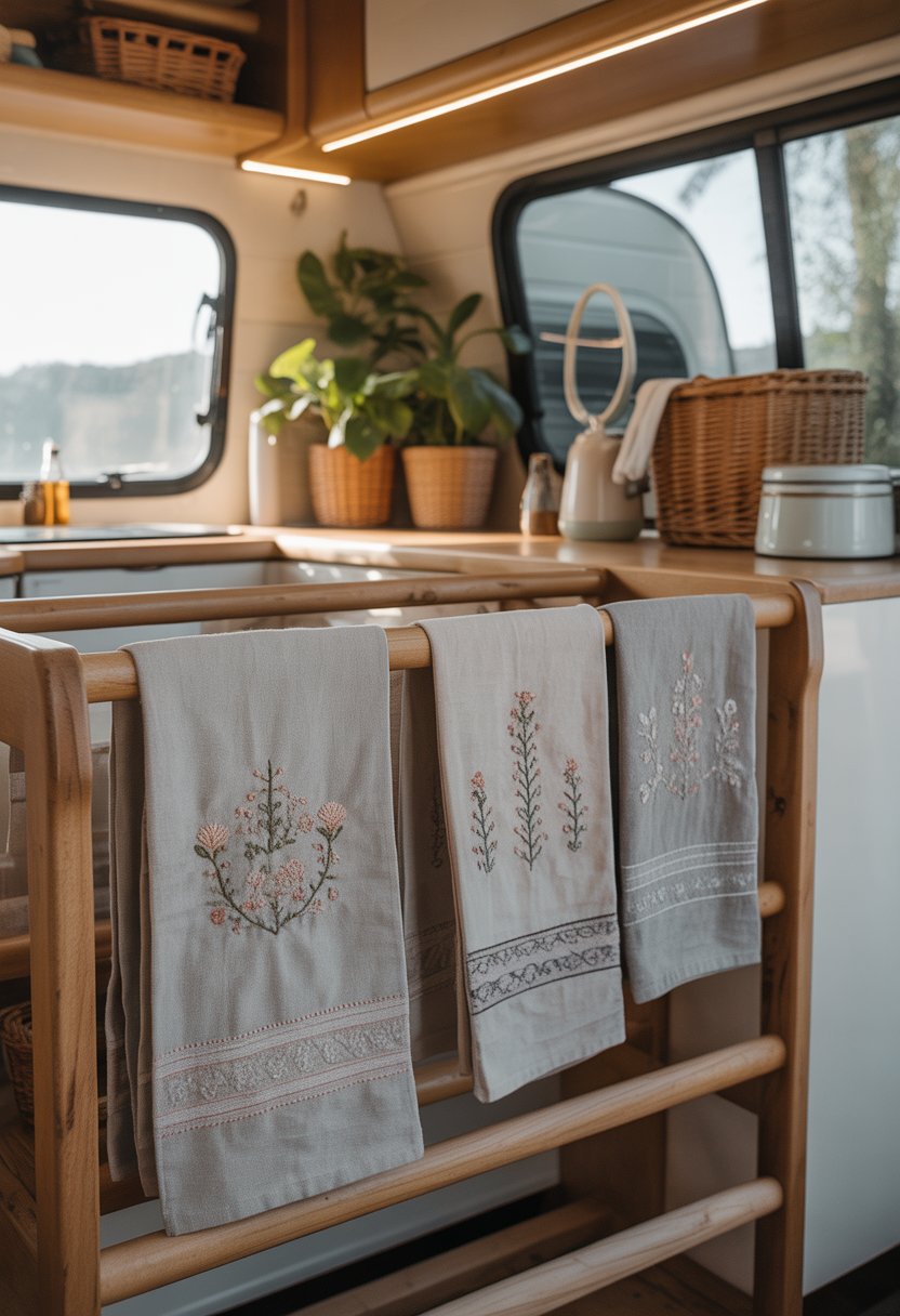 Embroidered linen towels hanging on a wooden rack inside a camper with natural light and cozy decor.