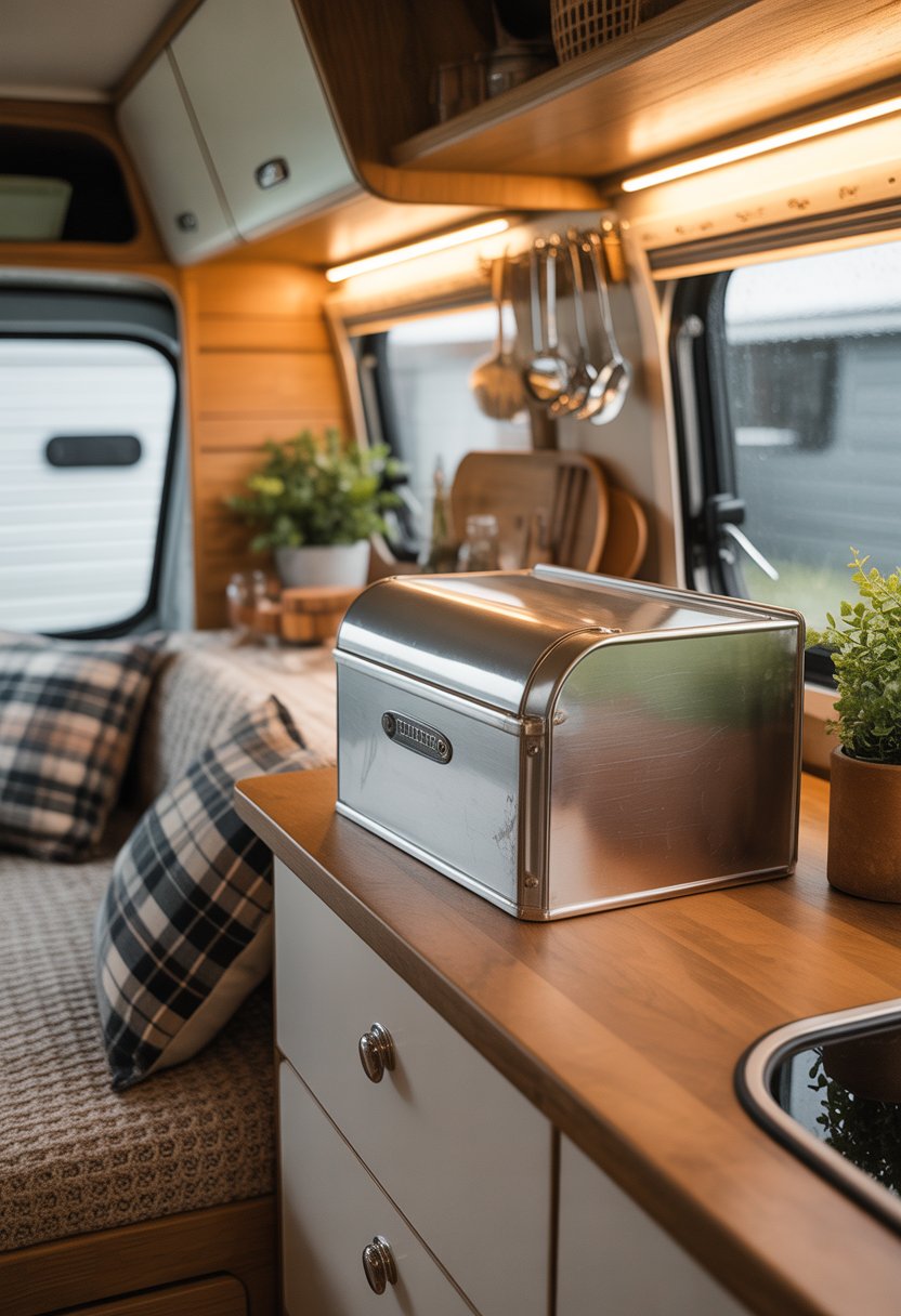Interior of a camper kitchen with a metal bread box on a wooden countertop surrounded by plants and kitchen items.