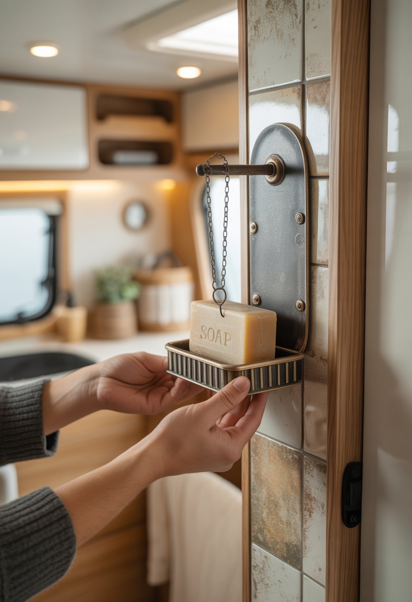 Hands installing a soap holder with a bar of soap on a chain inside a camper.