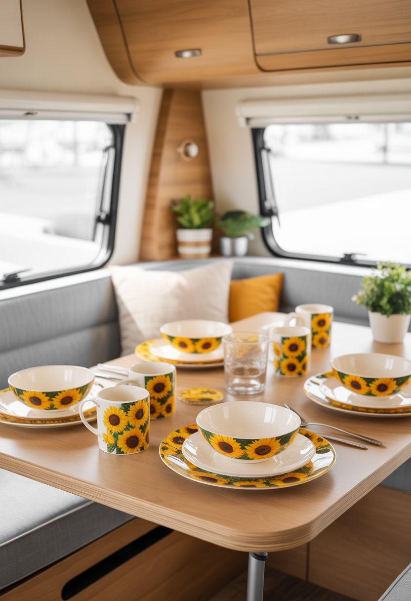 Dining table inside a camper set with sunflower-patterned dishware and surrounded by cozy seating and plants.
