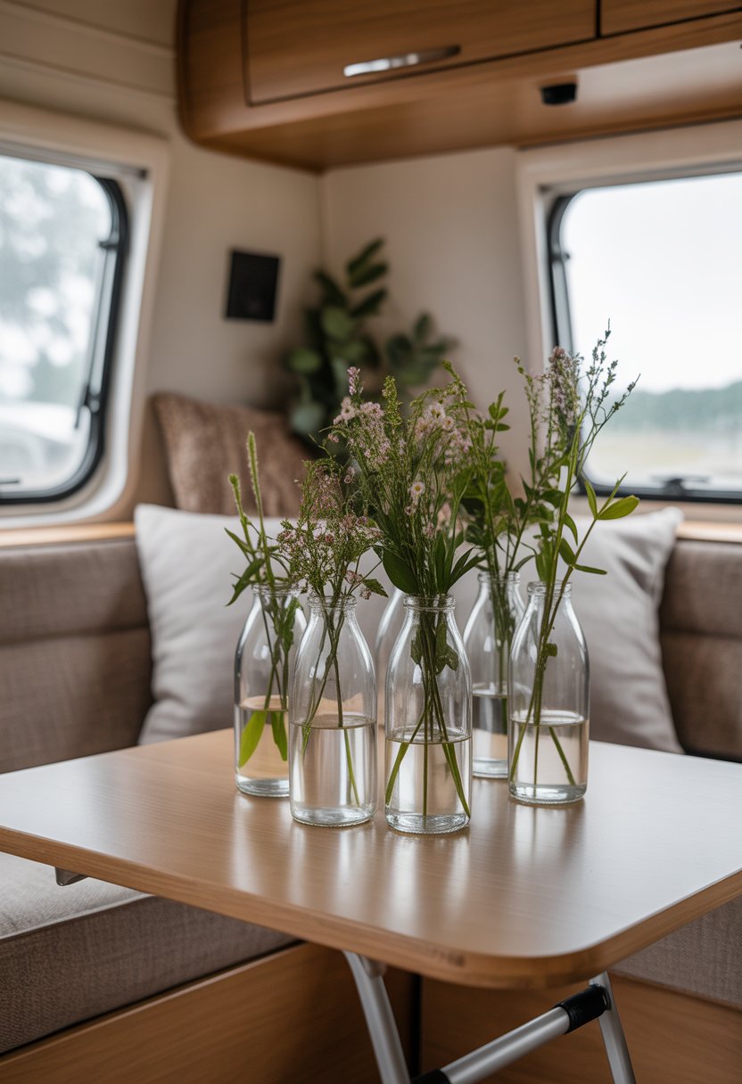 Interior of a camper with glass milk bottles used as vases holding wildflowers on a wooden table.
