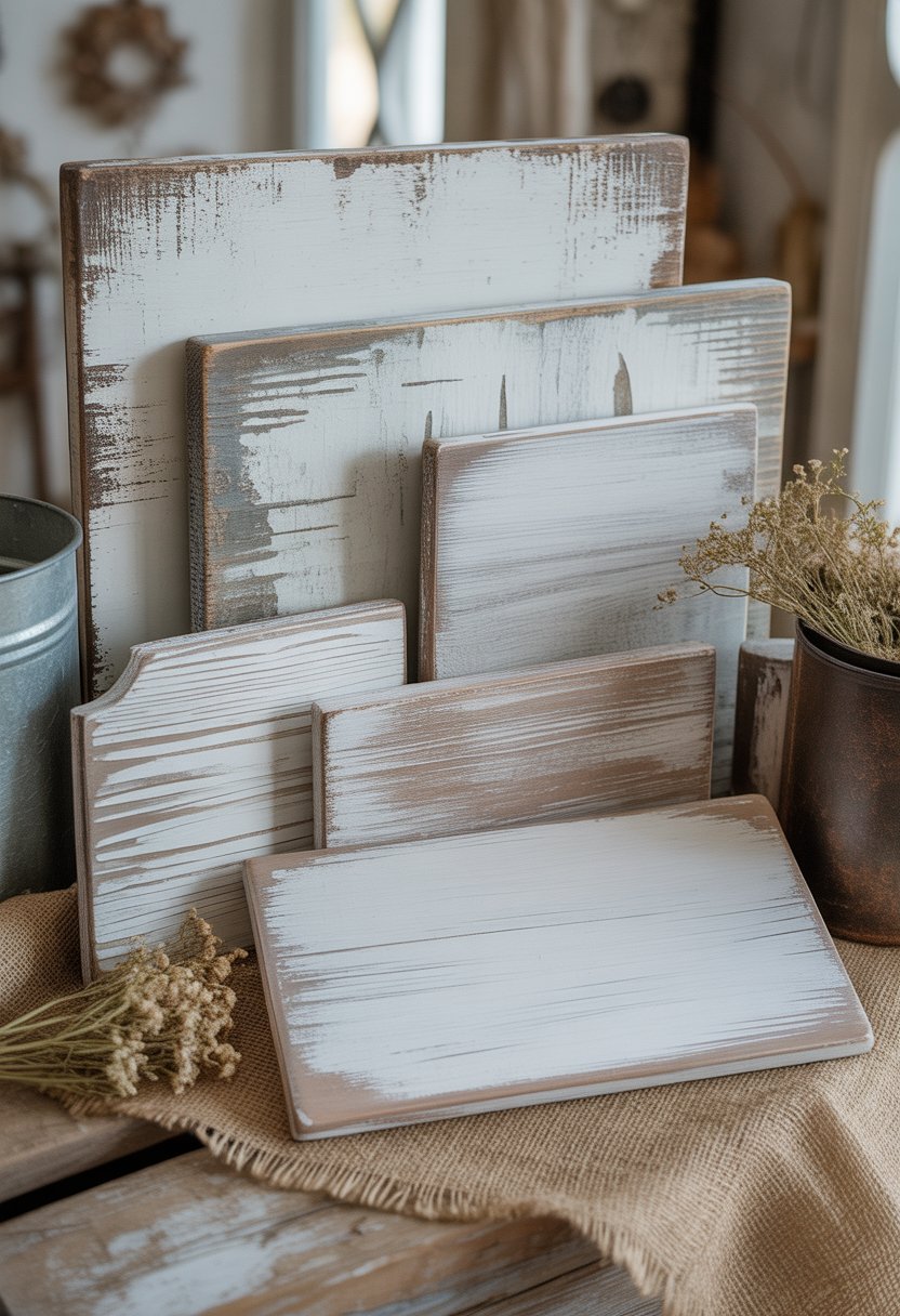 A close-up of several weathered white wooden signs on a rustic surface with dried flowers and soft natural lighting.